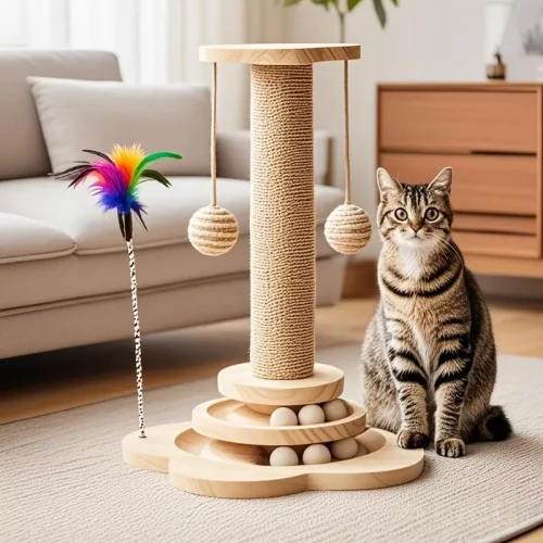 Solid Wood Cat Tree & Scratching Post – 3-in-1 Climbing Frame with Sisal, Nest, Teasing Stick & Vertical Scratcher