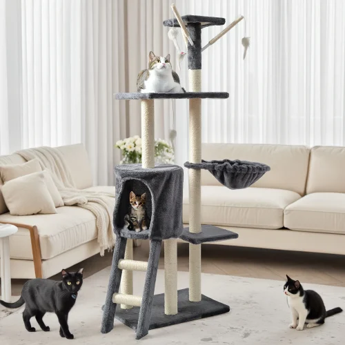 Spacious Multi-Tiered Cat Tower with Cozy Beds, a Cat House, a Scratching Post Wrapped in Sisal, And a Teaser Wand. Ideal for Al