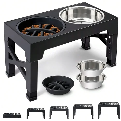 Adjustable Elevated Dog Feeder, 4‑Height Raised Dog Bowl Stand with Slow Feeder & Double Stainless Steel Food Water Bowls, Neck Joint Protection Ergonomic Pet Feeding Station for Small Medium Large Dogs